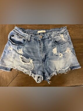 KanCan Light Blue Distressed Denim Jacket- stretchy!